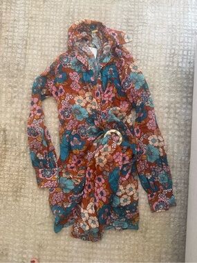 Dodo bar or Floral Belted Shirt Dress in Rust, Teal & Pink